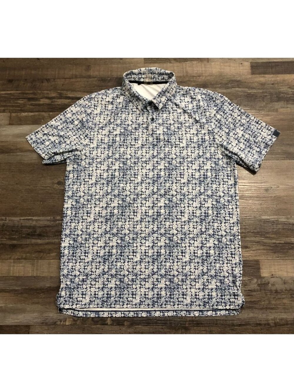 VRST Mens Large Blue & White All Over Print Short Sleeve Polo Shirt